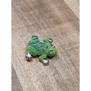 VTG Enamel Green Red Gold Tone Frog Scatter Pin Brooch Rhinestone Eyes Cottage